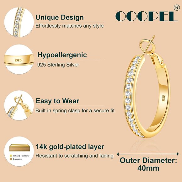 Gold Large Rhinestone Hoop Earrings 40mm for Women, Sterling Silver & Gold Plate - Picture 4 of 8